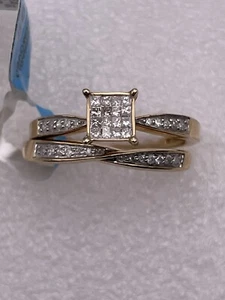 Juego de anillos de novia con racimo de diamantes de oro amarillo de 10 K, talla 7, marcado CI - Imagen 1 de 9