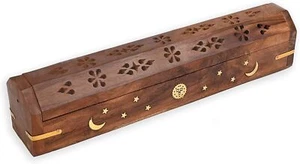 Wooden Coffin Incense Stick Cone Burner Holder Stand with Storage & Ash Catcher - Picture 1 of 5