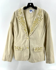 DG2 Diane Gilman Denim Jacket Blazer Unlined Gold Embroidered Studded Size Large - Picture 1 of 15