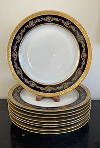 Antique T&V Limoges France Cobalt Blue and Gold Embossed Dinner Plates Set of 9 - Picture 1 of 13