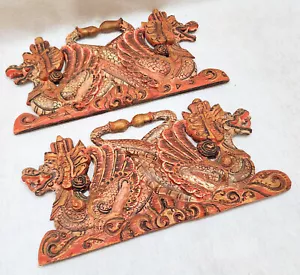 Pair of Antique 15" Bali/Java Polychrome Wood Double Dragon Headed Wall Panels - Picture 1 of 10
