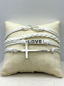 Four Row Infinity Love Bar Cross Charms Silver Tone White Faux Leather Bracelet - Picture 1 of 17