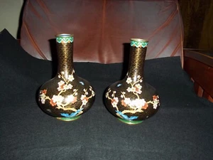 Vntg Chinese Cloisonne Black Enamel Matched Pair Floral/Bird Vases 7" - Picture 1 of 10