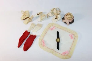 Antique Doll Accessories OIL CLOTH SHOES, SOCKS, WATCH, HAT French, German Doll? - Picture 1 of 15