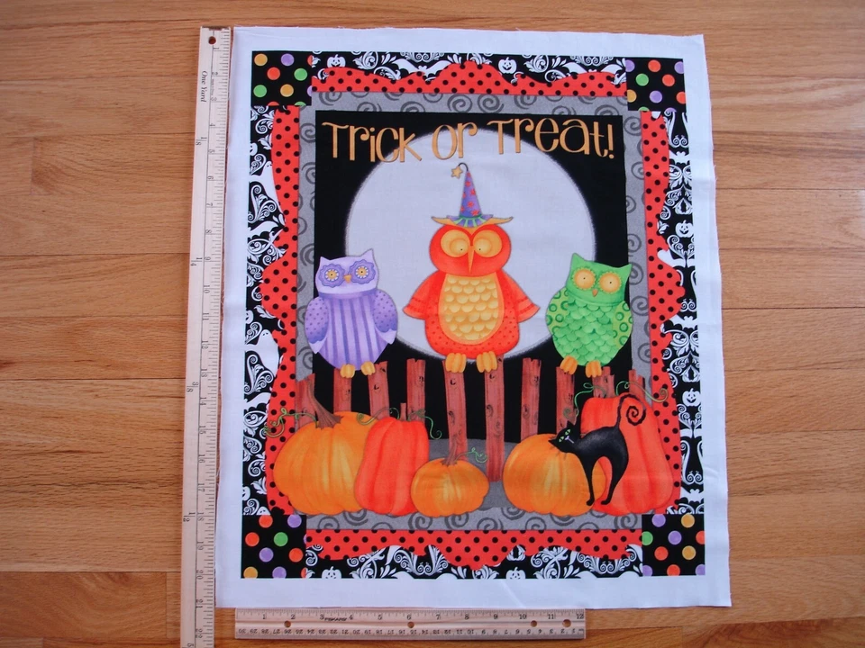 Halloween Trick Or Treat Owls Pumpkins Cat Cotton Quilt Fabric Wall Hanging - Image 1 of 1