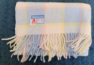 Mothercare Vintage Pram Rug Blanket Fringe Check Acrylic blue yellow pink Used - Picture 1 of 4