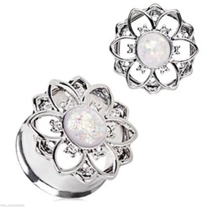 PAIR-Flower w/Glittered Opal Steel Double Flare Ear Tunnels 14mm/9/16" Gauge - Picture 1 of 3