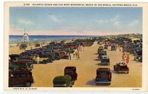 AK Florida Daytona Beach 1930er Automobile on Beach Leinen verschickt 1934 - Bild 1 von 2