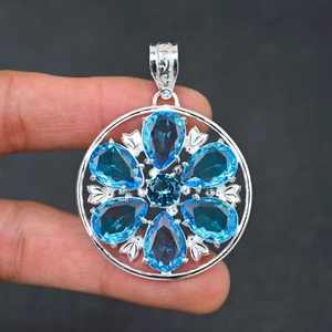 Blue Topaz Gemstone 925 Sterling Silver Pendant Handmade Jewelry Gift For Her - Picture 1 of 5