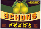 Original mint SCHONS pear crate label Schons Fruit Co. Wenatchee Wash art deco