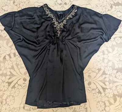 Black House White Market 黑色丝绸缎蝙蝠翼迷你礼服珠饰亮片 S — 第 1/4 张图片