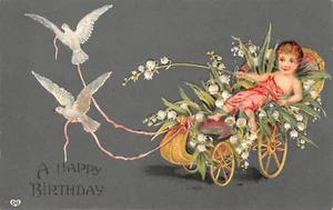 White Doves Pull Wicker Chaise Carriage~Nymph in Lily of Valley~Olive Back~EAS - Picture 1 of 2