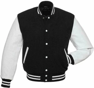 Varsity Bomber Letterman Baseball Wool Genuine Cowhide Leather Sleeves Jacket - Picture 1 of 4