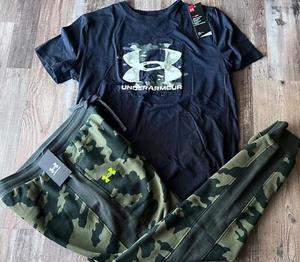 NWT Under Armour Boys YXL Army Green Camouflage/Black Big Logo Jogger Pants Set - Picture 1 of 5