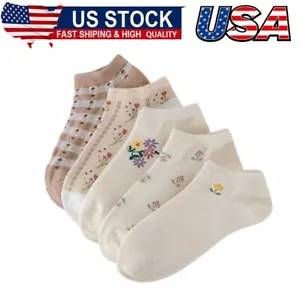 Women's 5 Pairs Floral Print Striped Cute Socks Casual Ankle Crew Socks - Picture 1 of 5