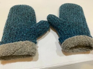 "BERNIE" TYPE WOOL BLEND MITTENS LG / XL.. HEAVY BLUE KNIT MITTENS W/ GREY LINI - Picture 1 of 5