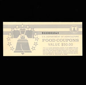 USDA FOOD STAMP COUPON BOOK  1991 B $50.00 D33300334X M/C K TOKEN FIVE 3 - Picture 1 of 6