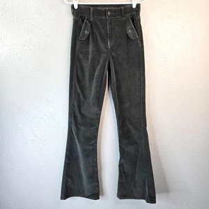 American Eagle Flare Pants Size 4 Long Corduroy Dark Green High Rise Hippie 70s - Picture 1 of 22
