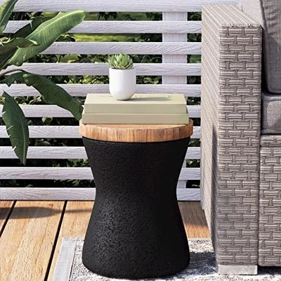  Outdoor End Table, Drum Side Table Faux-Wood Top, Black Base with Tree Trunk  - Image 1 of 4
