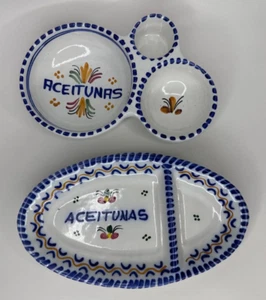 Aceitunas Bowl & Divided Olive Dish Hand Painted Spain De La Cal Barreira Puente - Picture 1 of 15