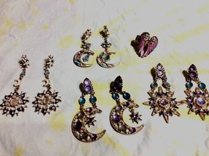 DANGLE EARRINGS Sun Moon 3" long jeweled rhinestone Costume Jewelry 4 pr.+ Ring - Picture 1 of 11