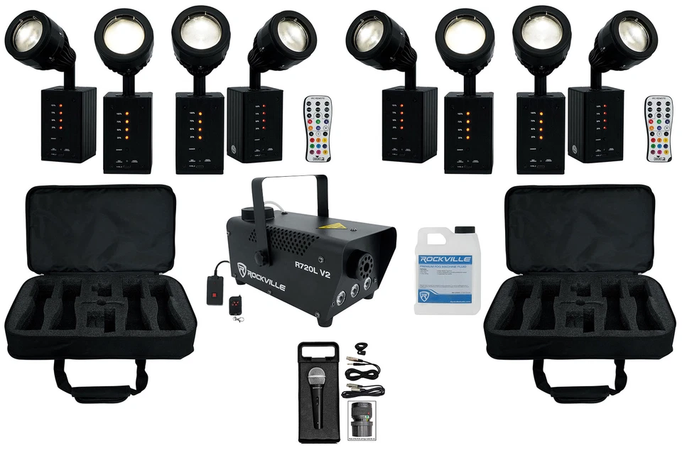 Chauvet DJ Ezpin Zoom Pack 8) Rechargeable Pin Spot Lights+Remote+Bag+Fogger+Mic - Image 1 of 4