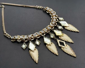 "Collar gargantilla vintage de hojas y cristales tono dorado 16""" - Imagen 1 de 7