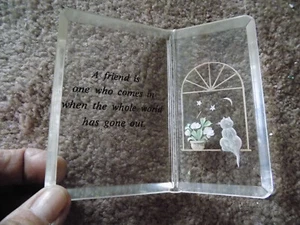 Vtg Perplex Plaque Press Flower Cat Clear Book style Friend comes world goes out - Picture 1 of 9