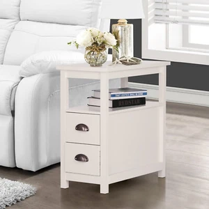 End Table with 2 Drawer Shelf Storage Narrow Stand for Living Room Ivory - Picture 1 of 7