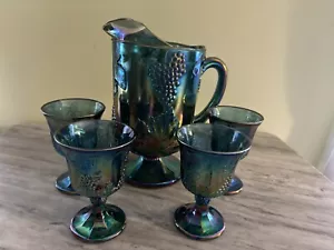 INDIANA GLASS HARVEST GRAPE BLUE CARNIVAL PITCHER AND 4 GOBLETS - Picture 1 of 5