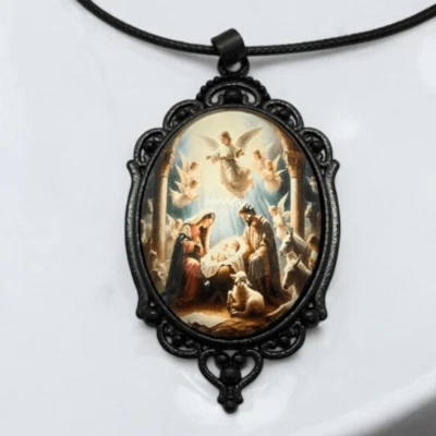 Nativity Scene Cabochon Glass Dome Black Portrait Pendant Mary Jesus Necklace - Image 1 of 4