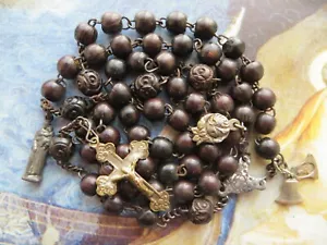 1800s Antique Dk Brown Wood Beads Rosary-Mini Statue/Sliding Bell/Rose Medal - Photo 1 sur 12