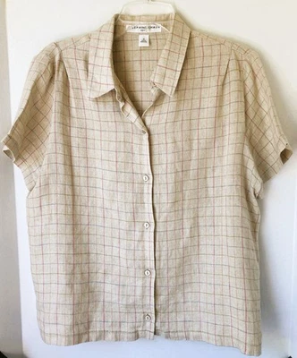 Vtg  1980s Josephine Chaus Oatmeal Windowpane Check Short Sleeve Button Up  SZ M - Image 1 of 4