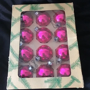 Vintage Coby Glas Weihnachtsschmuck rosa 12er Set in Box Woonsocket RI USA - Bild 1 von 6