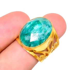 Emerald (Simulated) Gemstone Antique 18k Yellow Gold Plated Ring s.8.5 R-110 - Picture 1 of 4
