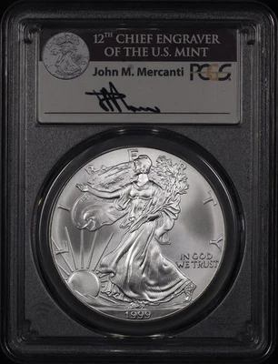 American Silver Eagle 1999 graduación profesional MS-70 John M. Mercanti firma etiqueta ASE Foto 1 de 2