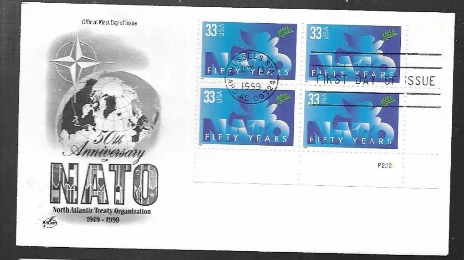 NATO NORTH ATLANTIC DEFENSE TREATY ORGANIZATION 1999 ARTCRAFT FDC PLATE#BLOCK UN - Image 1 of 1