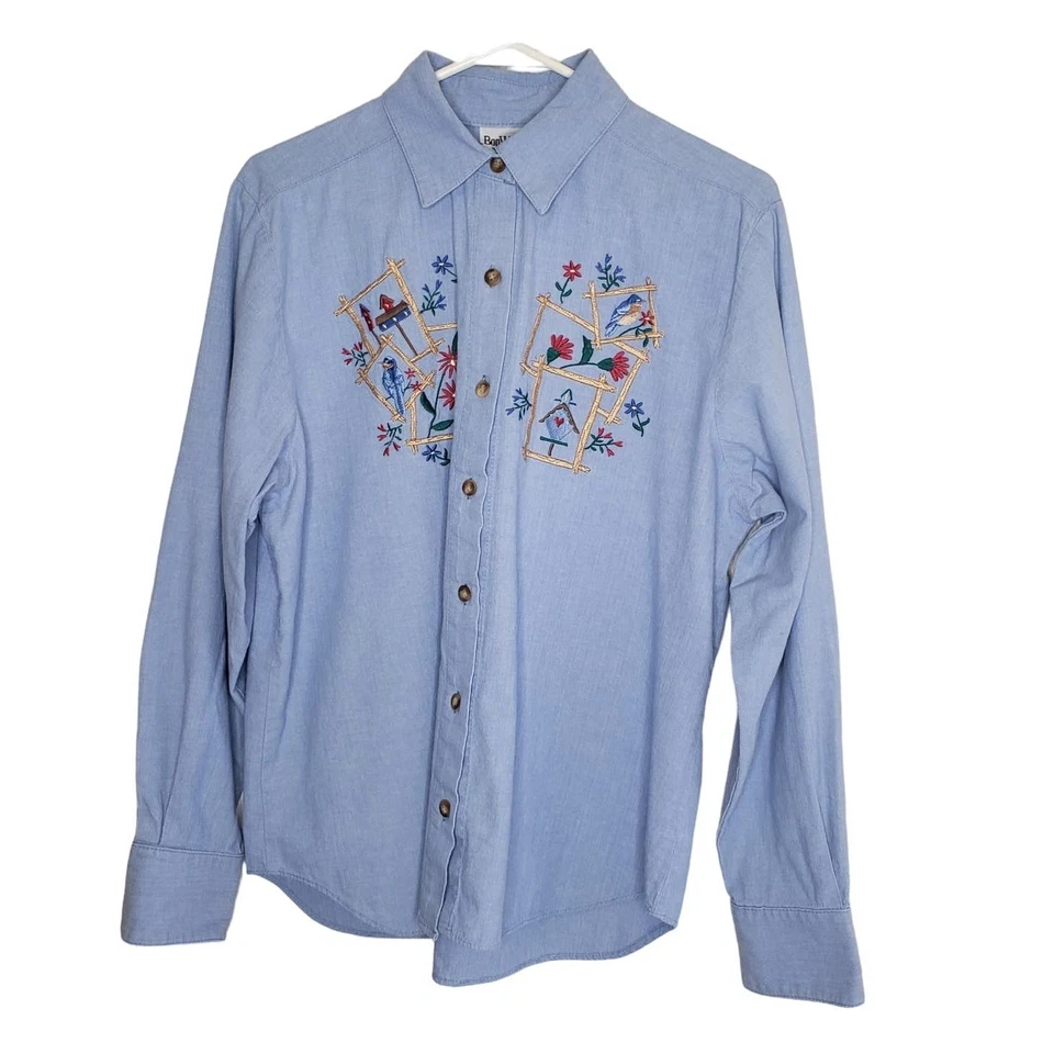 Blusa Vintage BonWorth Azul Denim Bordado Botón Flores Pájaros Pajarera M Foto 1 de 4