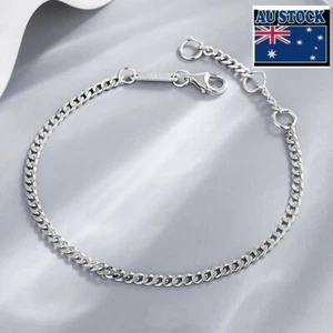Woman Real s925 Sterling Silver Thin Curb Cuban Chain Bracelet Bangle - Picture 1 of 5