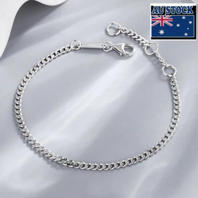 Woman Real s925 Sterling Silver Thin Curb Cuban Chain Bracelet Bangle  - Image 1 of 4