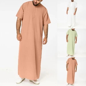 Men Muslim Clothing Short Sleeve Islamic Jubba Saudi Arab Long Kaftan Thobe Robe - Picture 1 of 20