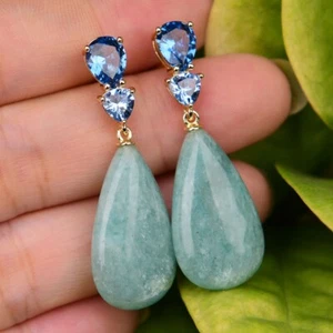 Natural Green Amazonite Gems Blue Crystal Paved Dangle Stud Earrings For Lady - Picture 1 of 8