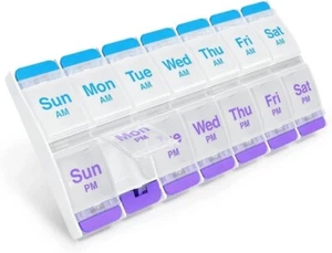 ORGANIZZATORE PIANIFICATORE PILLOLE SETTIMANALE 7 GIORNI Meds Vitamina AM/PM Box XL Custodia Pulsante - Foto 1 di 8