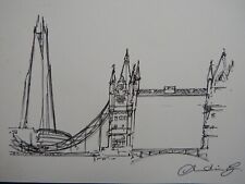 Original small pen & ink Cityscape drawing of London Bridge, Thames & The Shard