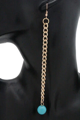 Damen Ohrring Set Modischer Schmuck Gold Metallkette Türkis Blaue Perlen - Bild 1 von 4