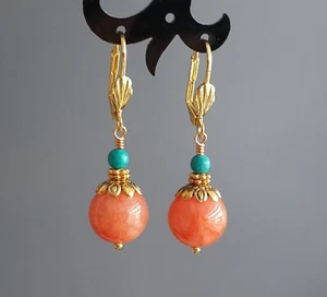 Orange Agate and Turquoise Earrings round Colorful Jewelry for Women Gold plated - Picture 1 of 5