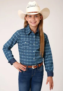 Roper Kids Girls Mini Aztec Blue 100% Cotton L/S Shirt - Picture 1 of 4
