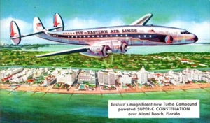 Chrom Postkarte Eastern Airlines Super-C Sternbild über Miami Beach UNP - Bild 1 von 2