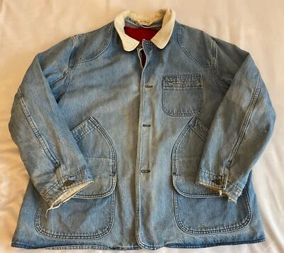 Vintage LL BEAN Blue DENIM Red Wool Blanket Lined Chore Coat Men 3XL - Image 1 of 4