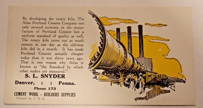 Vintage S. L. Snyder Denver, Pa. Ink Blotter - Cement Work - Image 1 of 3